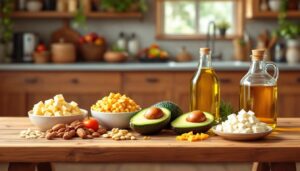 Een platte design afbeelding van verschillende soorten vetten en voedsel.