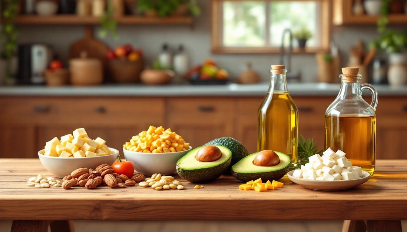 Een platte design afbeelding van verschillende soorten vetten en voedsel.