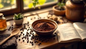 Een rustieke keuken met cacao-ingrediënten en een kookboek.