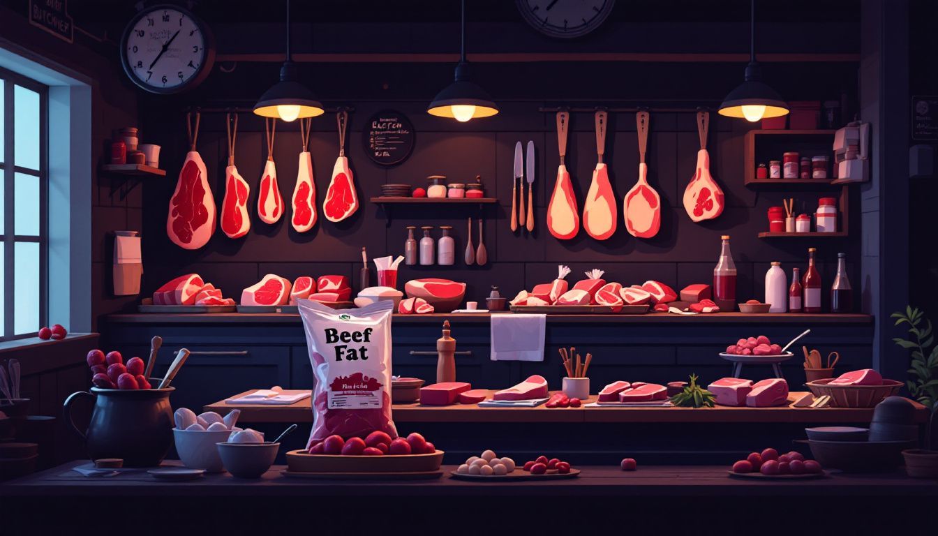 Een plat ontwerp van een slagerij met vlees in een gezellige sfeer.