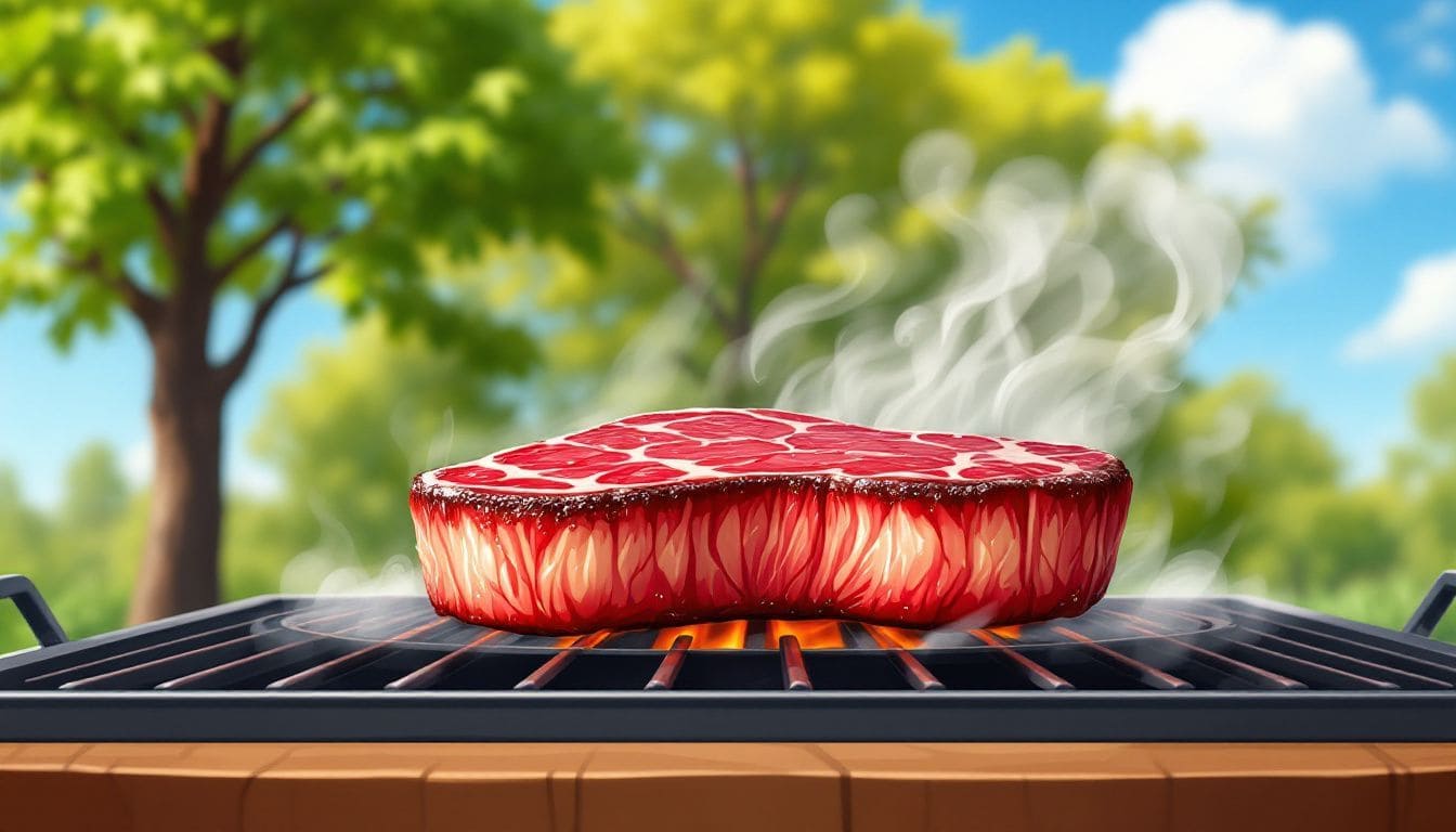 Een ribeye steak wordt op een grill buiten gekookt, omringd door opstijgende rook.
