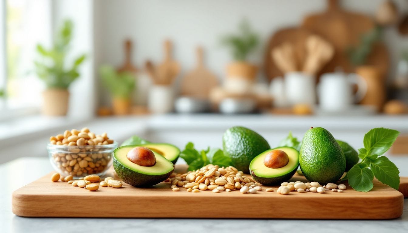 Een selectie van verse avocado's, noten en zaden op een snijplank.