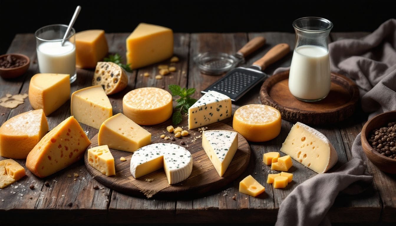 Een verscheidenheid aan kazen wordt tentoongesteld op een houten tafel.