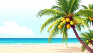 Een plat ontwerp van een tropisch landschap met een kokospalmboom.