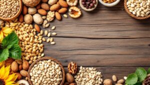 Een assortiment zaden en noten op een houten tafel in natuurlijk licht.