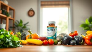 Een fles omega 6-supplementen omringd door gezonde groenten en fruit.