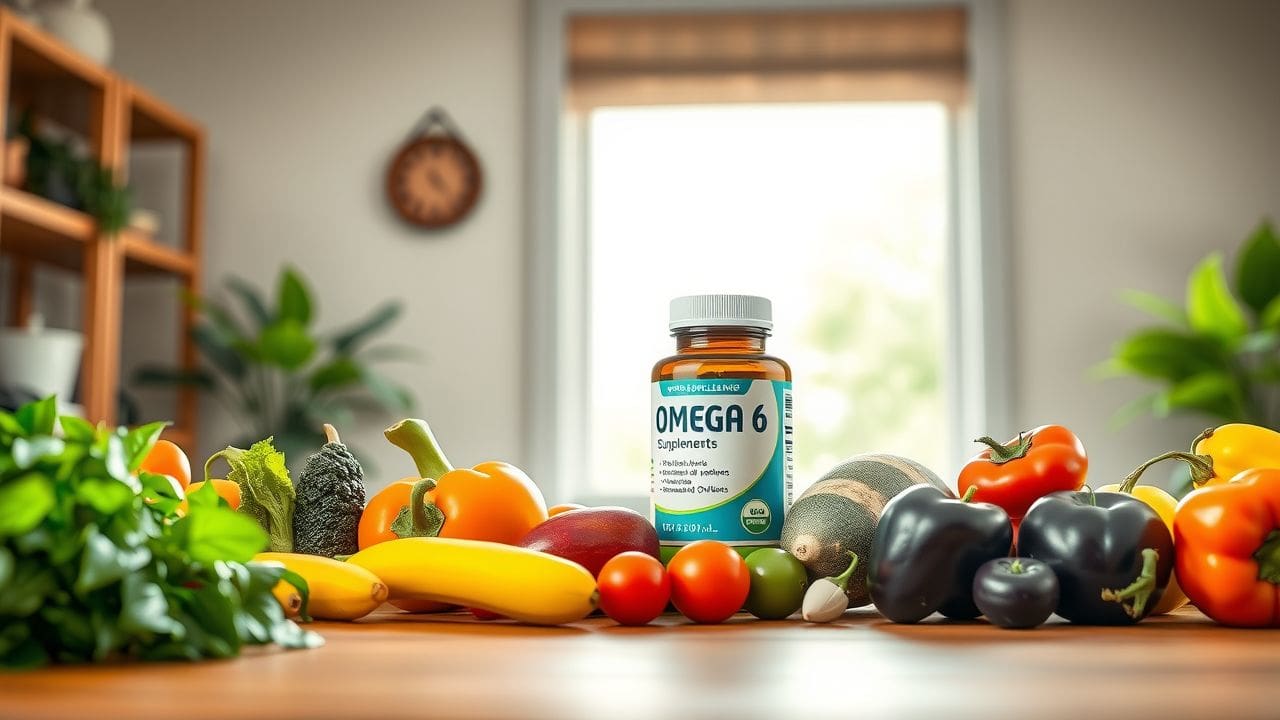 Een fles omega 6-supplementen omringd door gezonde groenten en fruit.