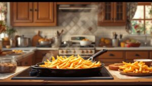 Een traditionele keuken met een gietijzeren pan vol gouden frietjes.