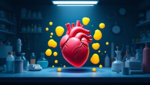 Een hartmodel omringd door pericardiale vetweefsel in een laboratoriumsetting.