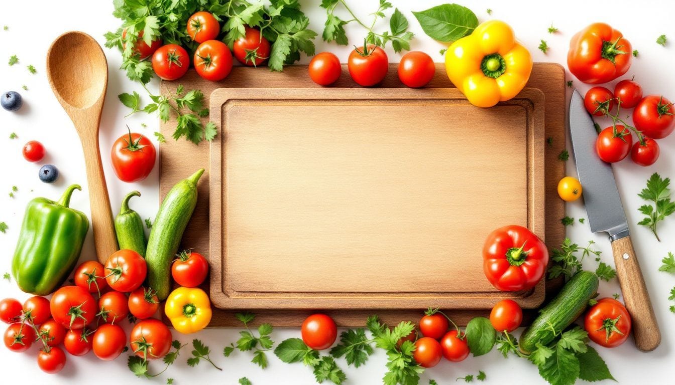 Een kleurrijke weergave van groenten en fruit op een snijplank.