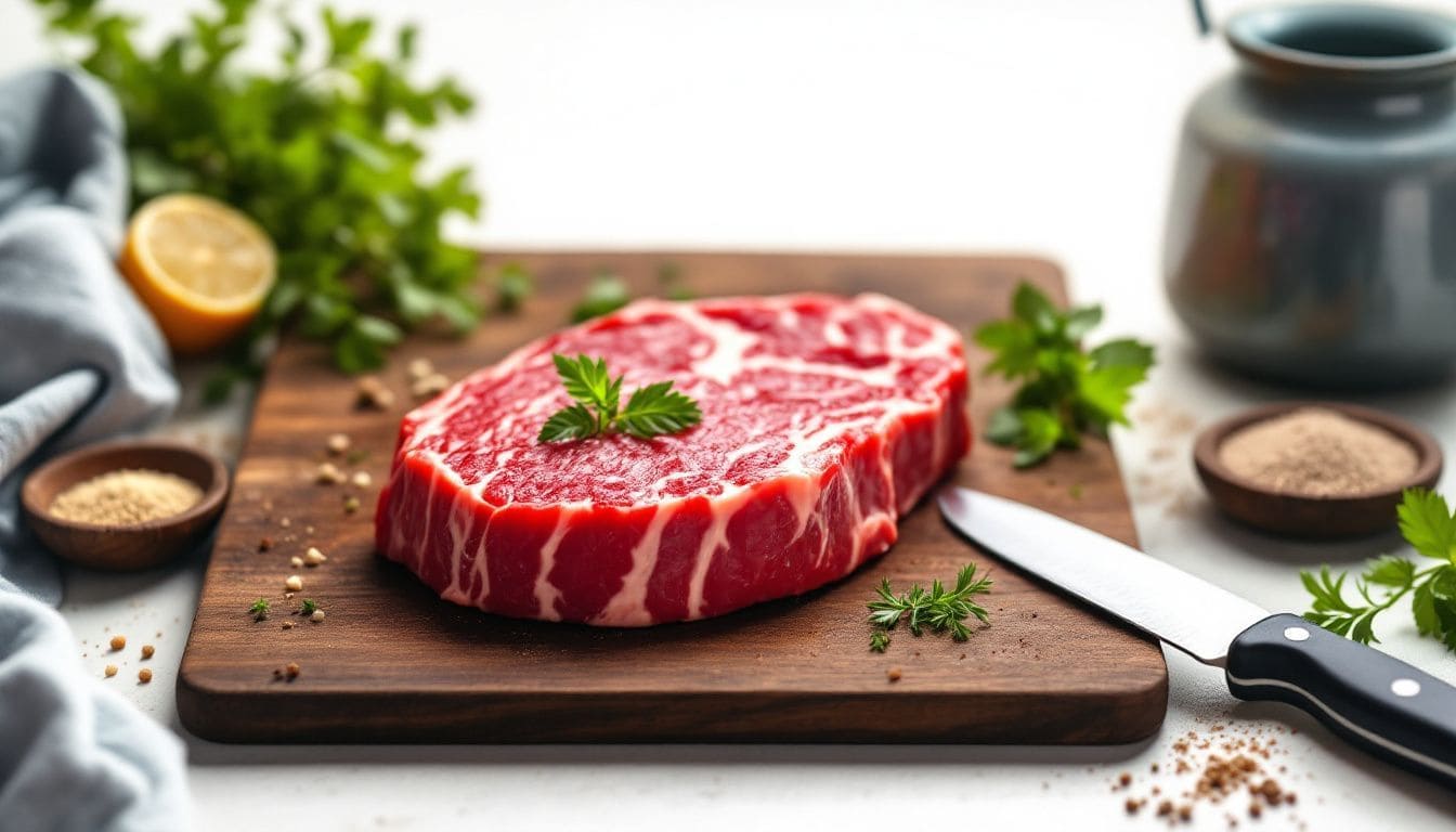 Een rauwe ribeye steak met kruiden op een houten snijplank.