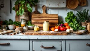 Een rustieke keuken met verse ingrediënten en kookgerei.