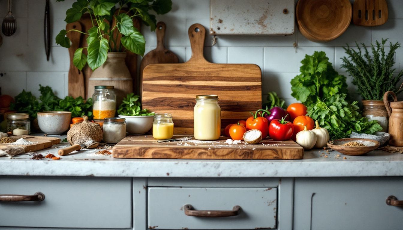 Een rustieke keuken met verse ingrediënten en kookgerei.