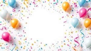 Een vrolijke viering met confetti, ballonnen en aanmoedigende berichten.