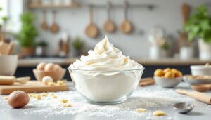 Een glazen kom met slagroom omringd door bakgerei in een moderne keuken.