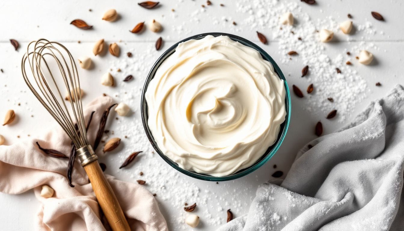 Een kom met vers geklopte room en vanille, met een vintage garde in de buurt.