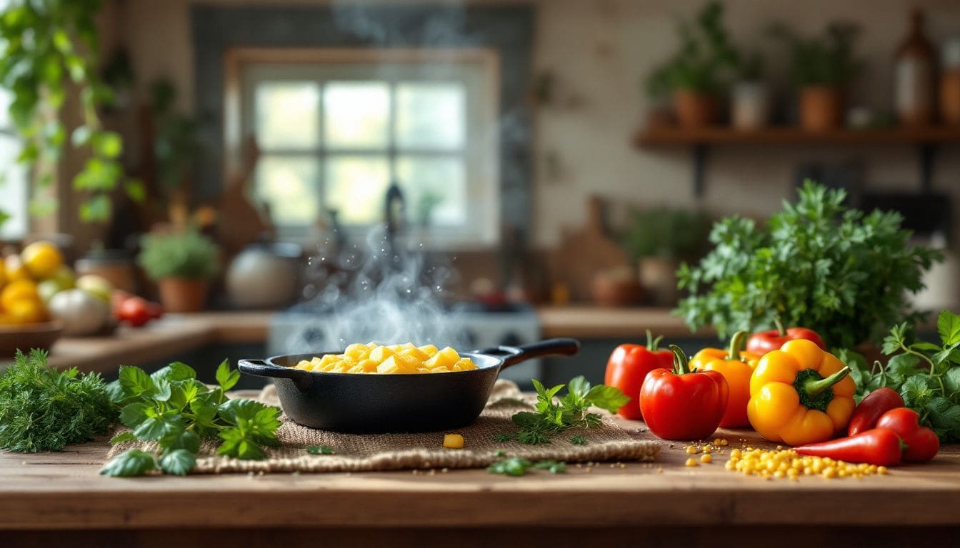 Een landelijke keukenscène met een vintage koekenpan en verse ingrediënten.