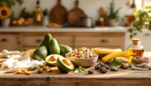 Een verscheidenheid aan vegetarische vetbronnen op een houten tafel.