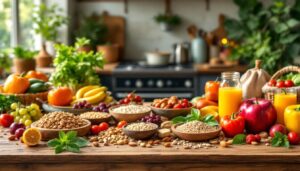 Een hart-gezonde maaltijd met fruit, groenten, granen en noten op tafel.