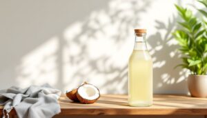 Een fles kokosolie op een houten keukentafel in platte designstijl.