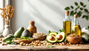 Een assortiment gezonde vetten op een rustieke tafel.