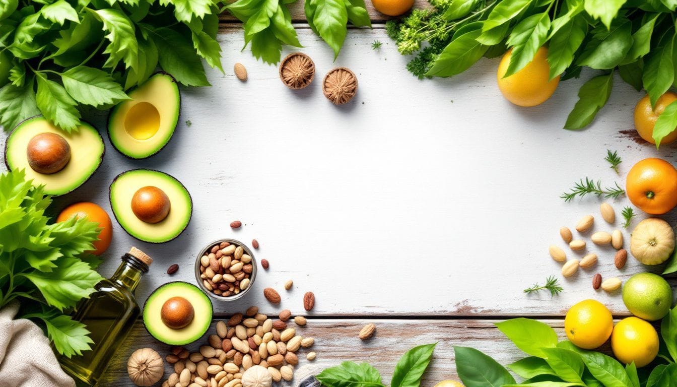 Een assortiment van gezonde vetten op een houten tafel.