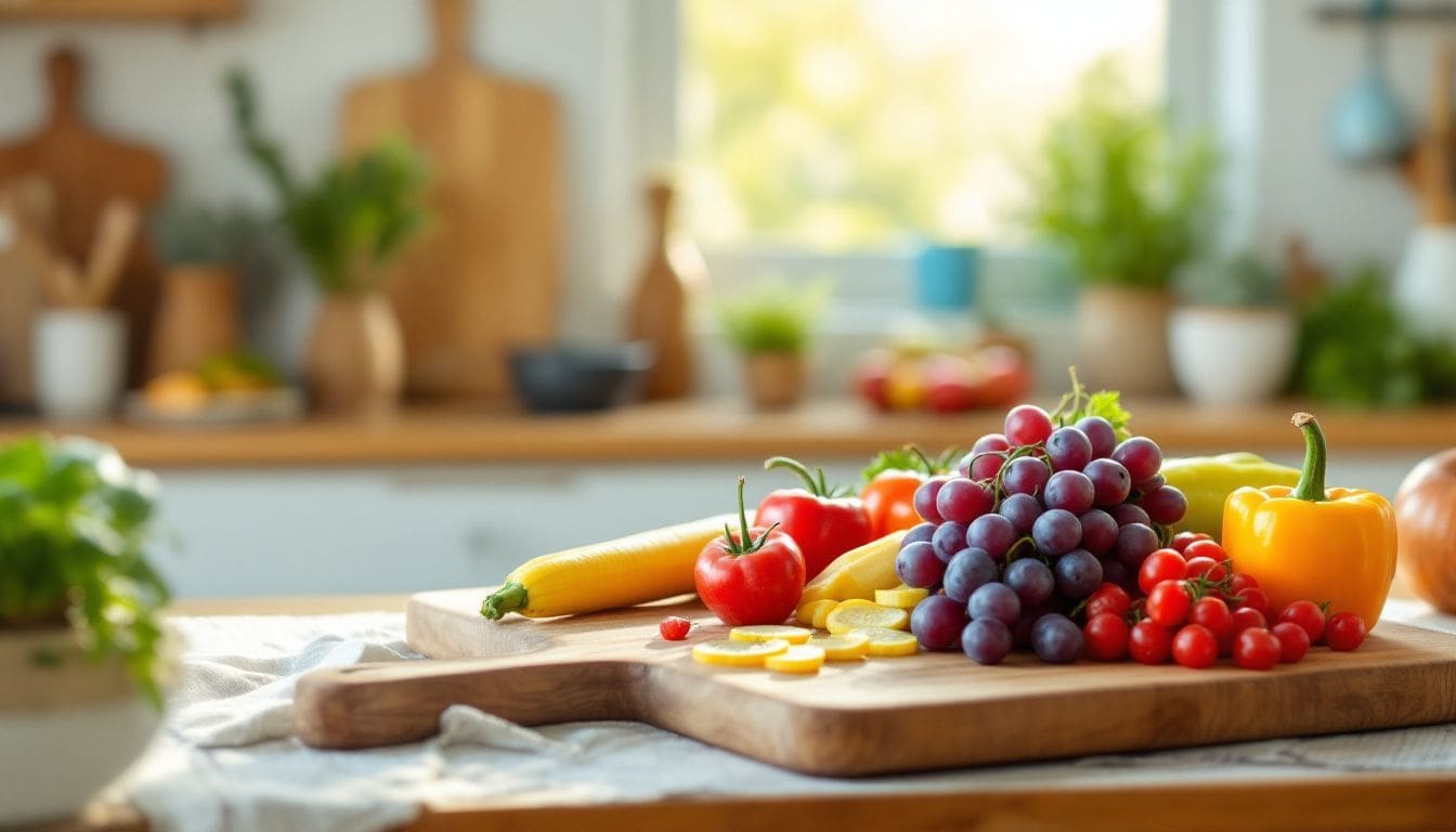 Een houten snijplank vol kleurrijke groenten en fruit in de keuken.