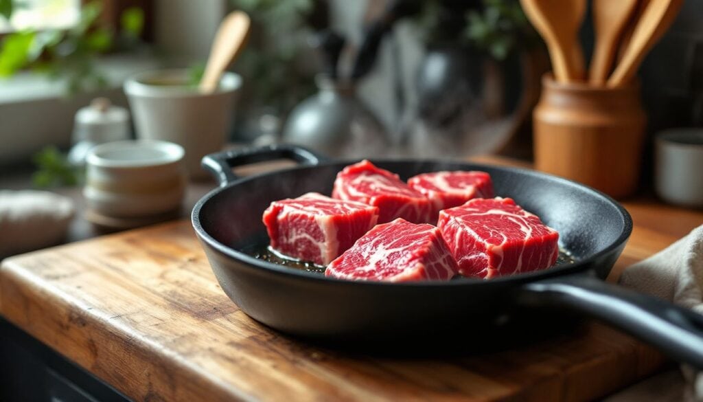 Een gietijzeren skillet met sissend Wagyu-vlees op houten aanrecht.