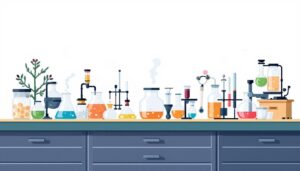 Een laboratorium setting met wetenschappelijke instrumenten en containers.