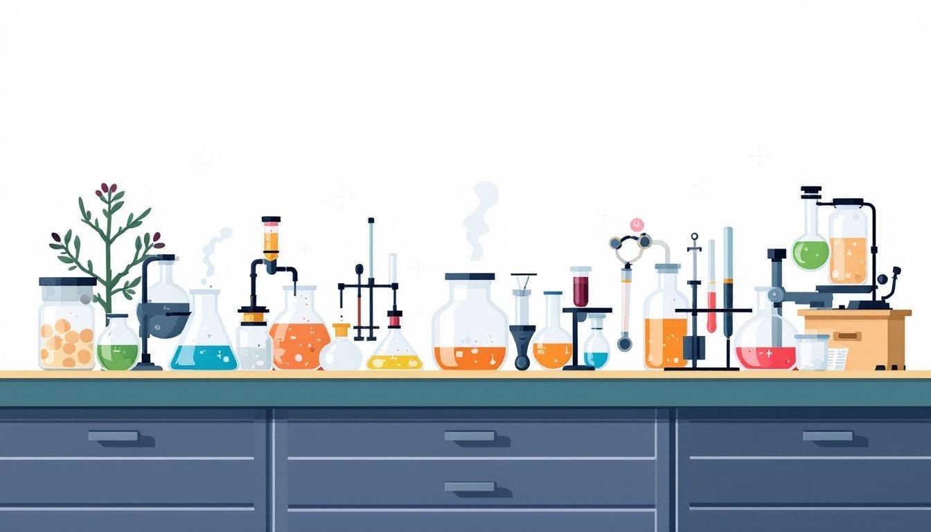 Een laboratorium setting met wetenschappelijke instrumenten en containers.