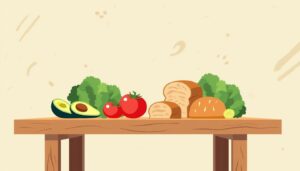 Minimalistische vectorillustratie van een houten keukentafel met verse ingrediënten.