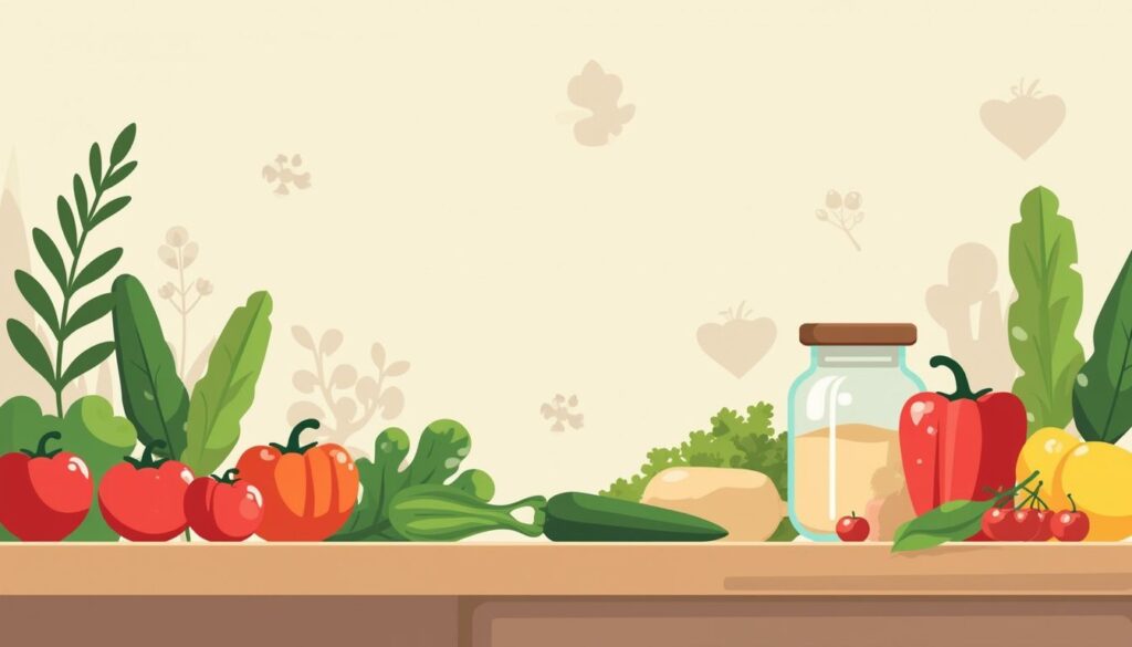 Minimalistische illustratie van een rustieke keuken met verse groenten.