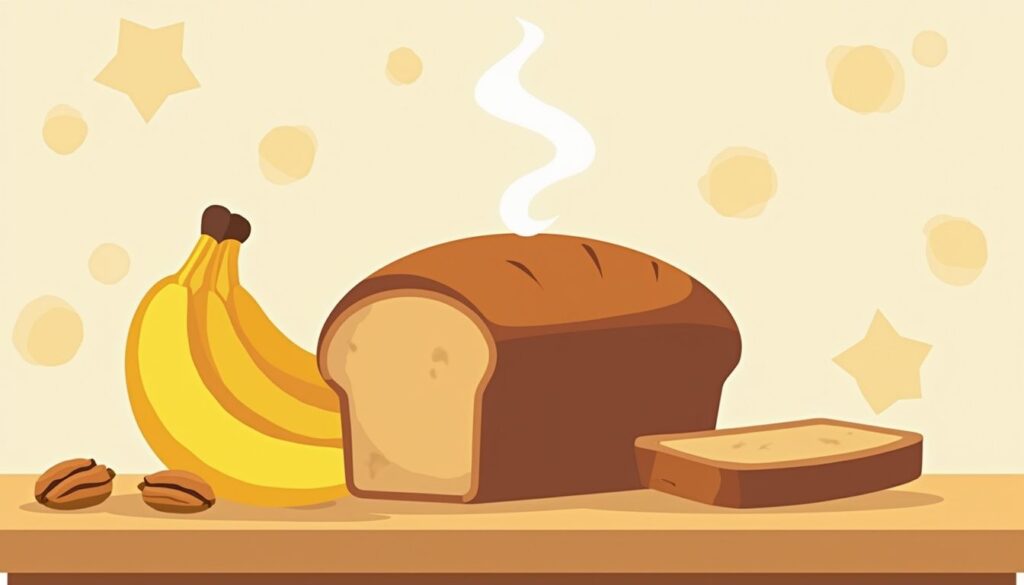 Een minimalistische illustratie van versgebakken bananenbrood op een tafel.