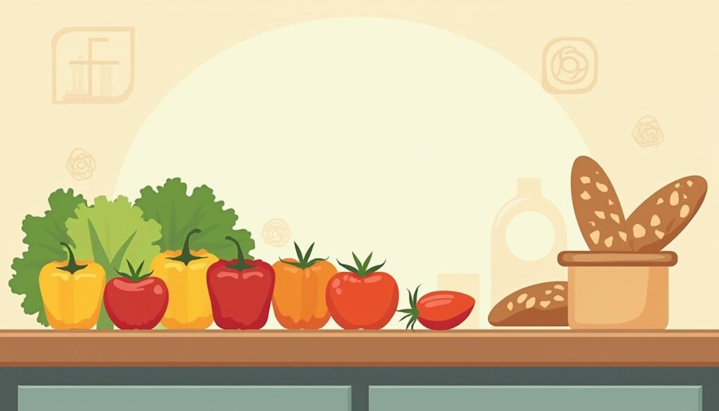 Een minimalistische vectorillustratie van een houten keukenblad met verse ingrediënten.