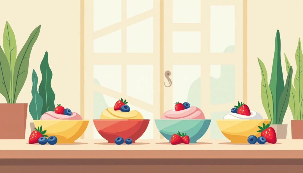 Kleurrijke bollen gezonde ijs in strakke, minimalistische keukenomgeving.