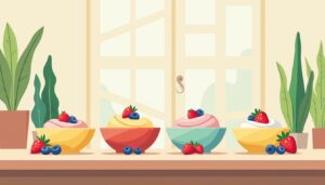 Kleurrijke bollen gezonde ijs in strakke, minimalistische keukenomgeving.