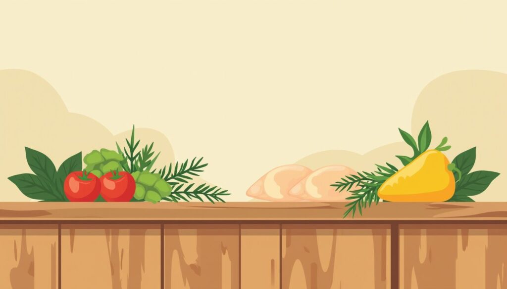 Rustieke keuken met verse kruiden en kleurrijke groenten in minimalistische stijl.