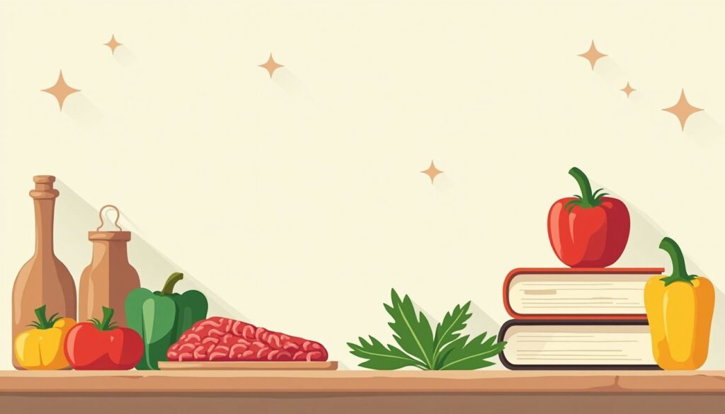 Rustieke keuken met verse ingrediënten en kookboeken in minimalistische stijl.