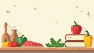 Rustieke keuken met verse ingrediënten en kookboeken in minimalistische stijl.