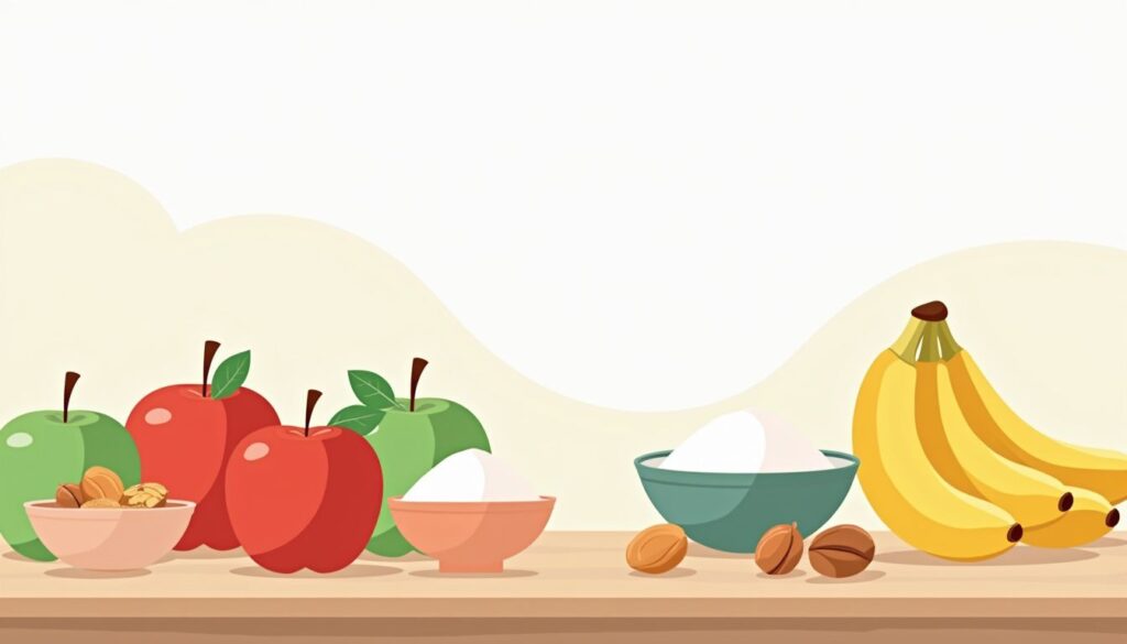 Een minimalistische illustratie van een rustieke keuken met kleurrijke voedingsmiddelen.