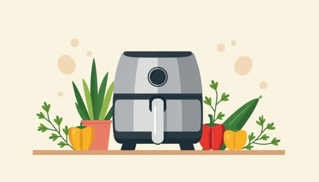 Moderne luchtfriteuse omringd door verse groenten en kruiden in pastelkleuren.