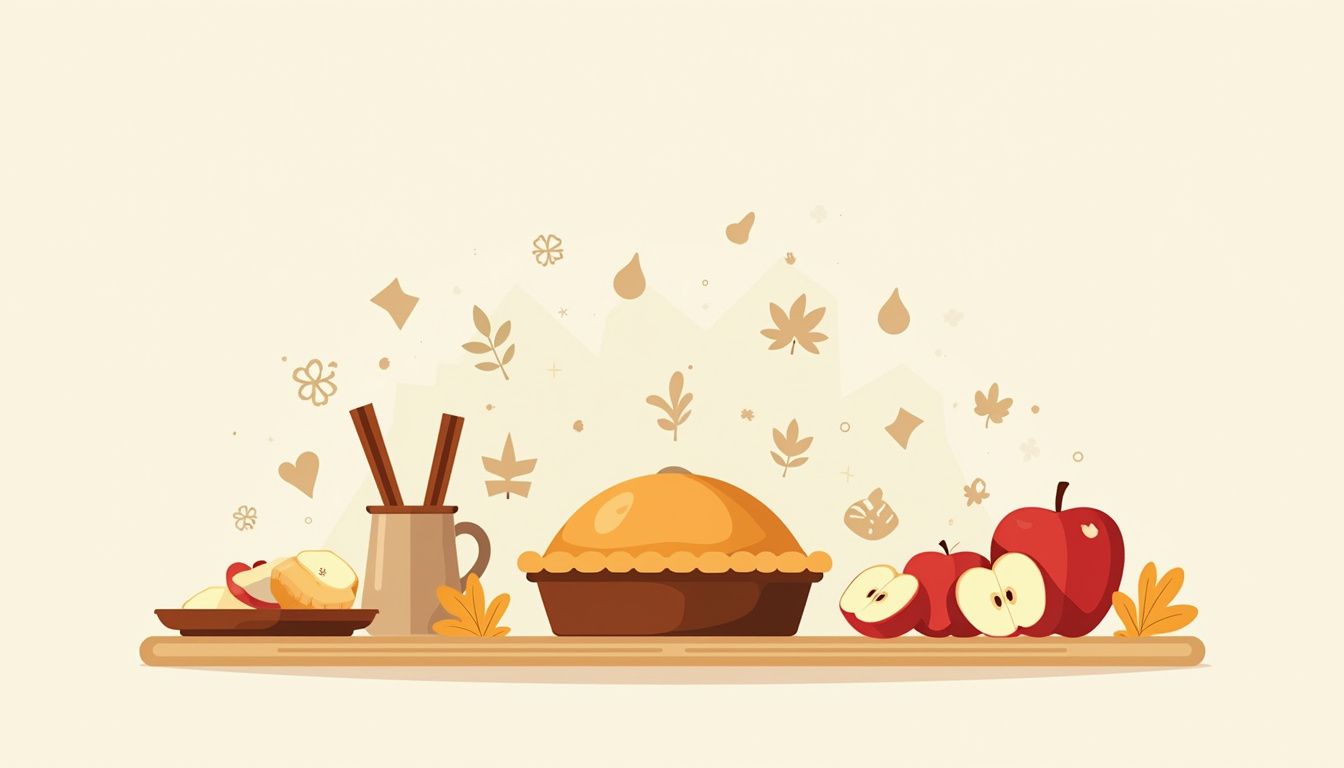 Minimalistische illustratie van een warme appeltaart op een keukentafel.