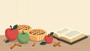 Minimalistische keukenillustratie met appelgebak en receptenboek op houten aanrecht.