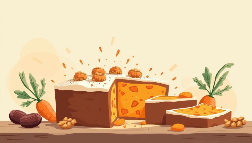 Een minimalistische illustratie van een glutenvrije worteltaart met verse ingrediënten.