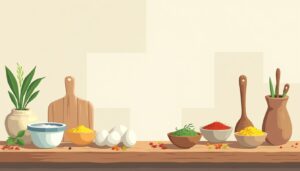 Minimalistische illustratie van een houten keukenblad met ingrediënten en keukengerei.