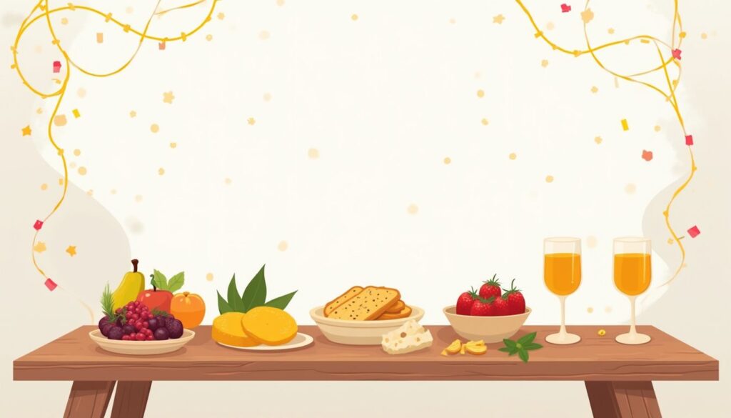 Minimalistische vectorillustratie van party snacks op een houten tafel.
