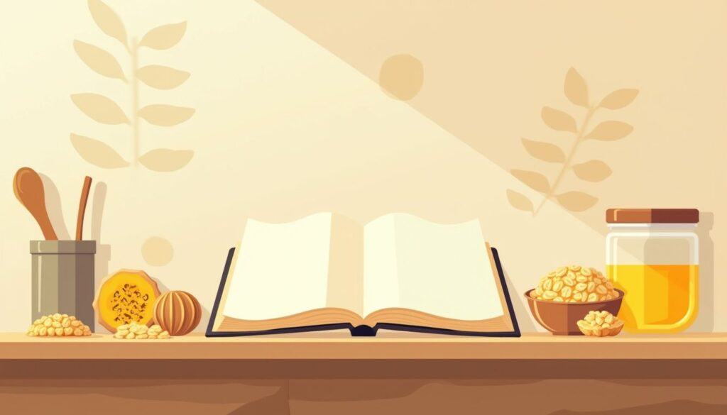 Minimalistische illustratie van een keukenblad met gezonde ingrediënten en recepten.