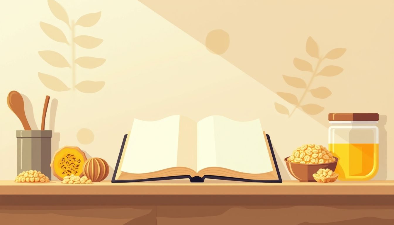 Minimalistische illustratie van een keukenblad met gezonde ingrediënten en recepten.