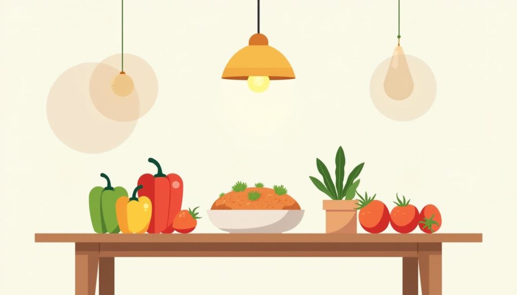 Minimalistische keuken met een rustieke tafel en frisse ingrediënten.