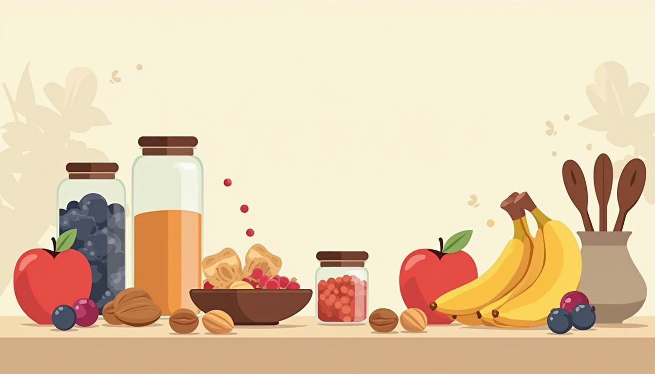 Vectorillustratie van een rustieke keuken met gezonde ingrediënten.